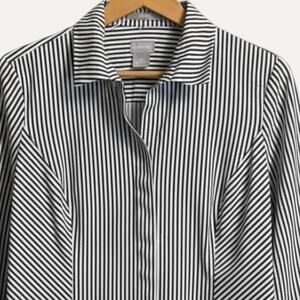 Chico’s 00P/2P Petite Black White Striped Cotton Tunic Button Shirt